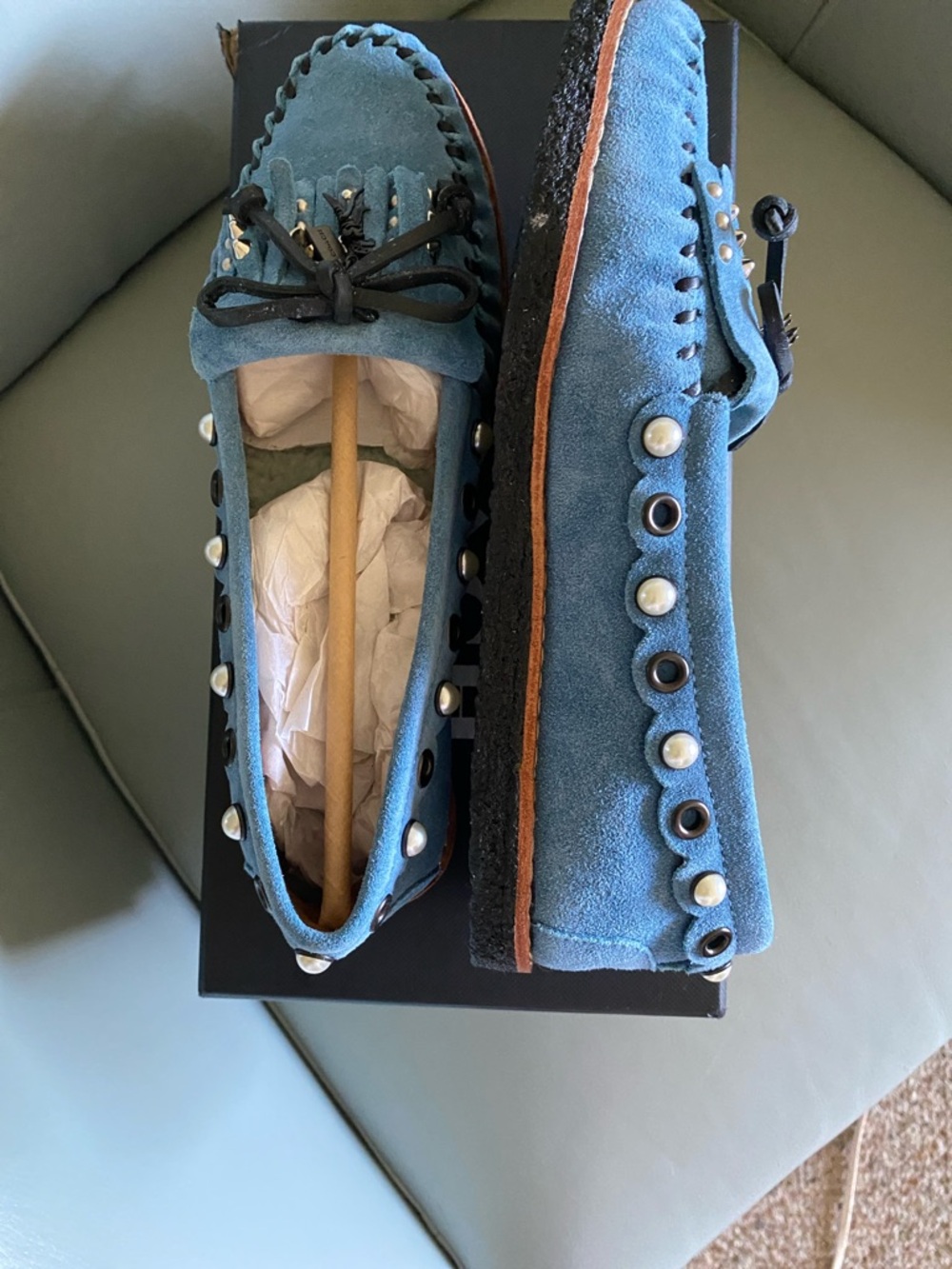 Coach Blue Suede Studded Pearl Trim Loafers - Picture 2 of 5